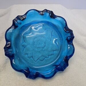 Vtg Tiara Indiana Glass 1977 Horizon Blue Lotus Ashtray Large 9 1/2" Trinket